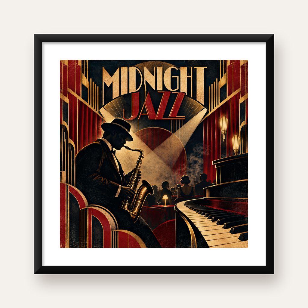 Art Deco Jazz Gecesi Poster – Caz Kulübü Retro Sanat Baskısı — Kare baskı, beyaz kenar boşluklu
