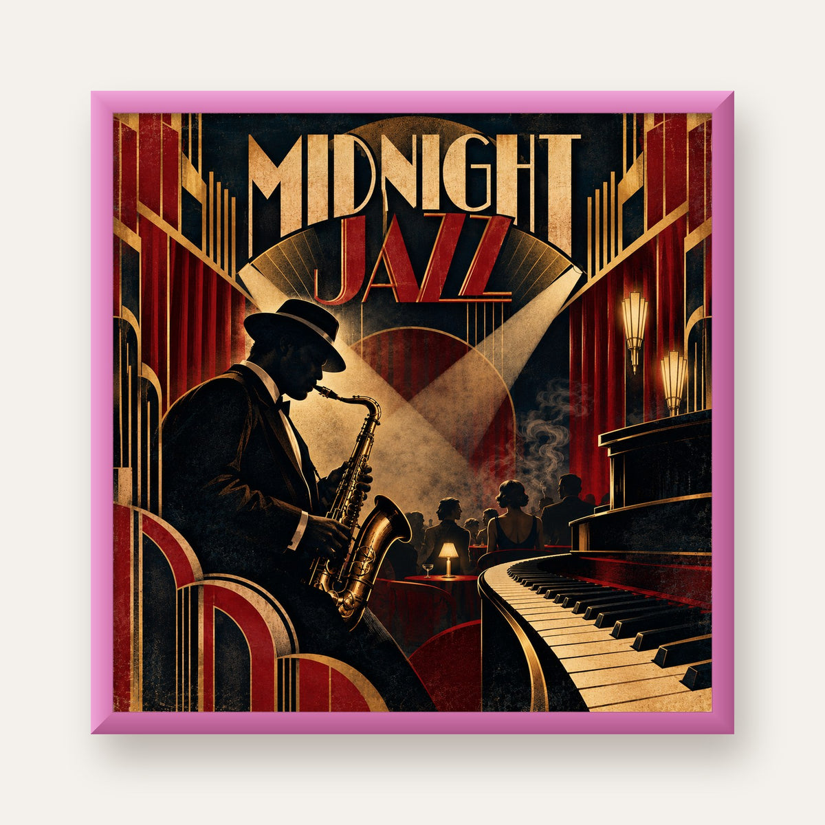 Midnight Jazz Art Deco Caz Kulübü Afişi — pembe çerçeveli