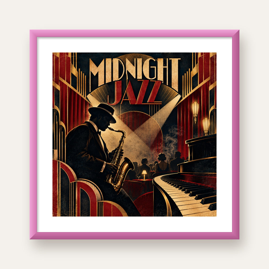 Midnight Jazz Art Deco Caz Kulübü Afişi — pembe çerçeveli paspartulu