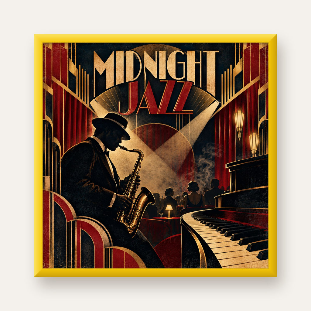 Midnight Jazz Art Deco Caz Kulübü Afişi — sarı çerçeveli