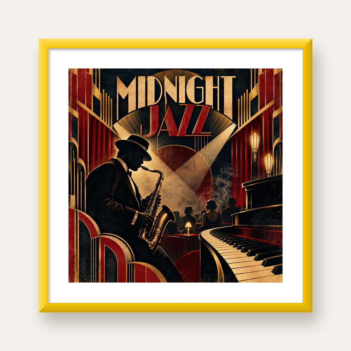 Midnight Jazz Art Deco Caz Kulübü Afişi — sarı çerçeveli paspartulu