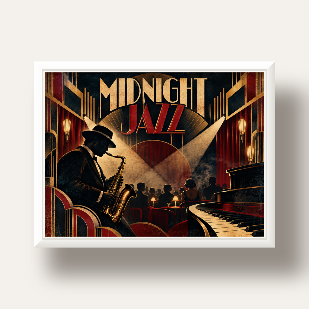 Midnight Jazz Art Deco Caz Kulübü Afişi — beyaz derin çerçeveli