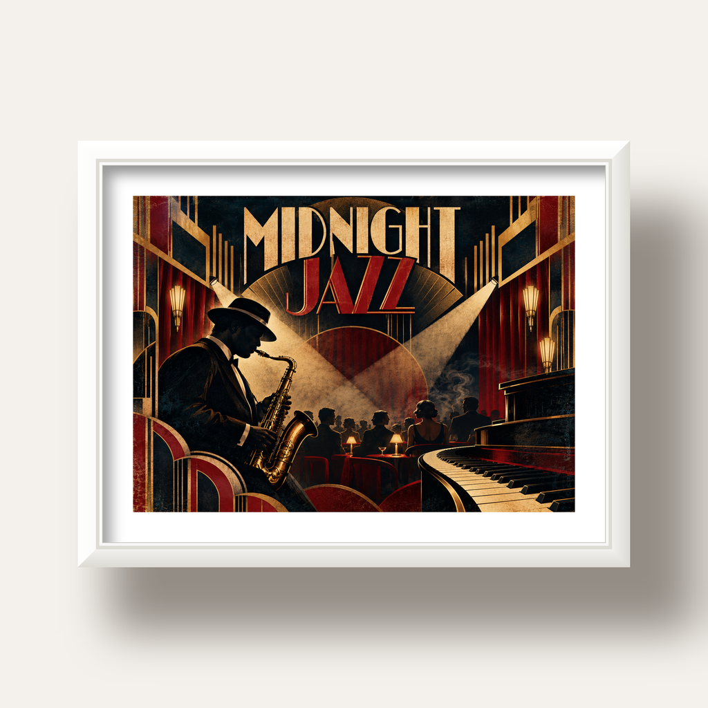 Midnight Jazz Art Deco Caz Kulübü Afişi — beyaz derin çerçeveli paspartulu