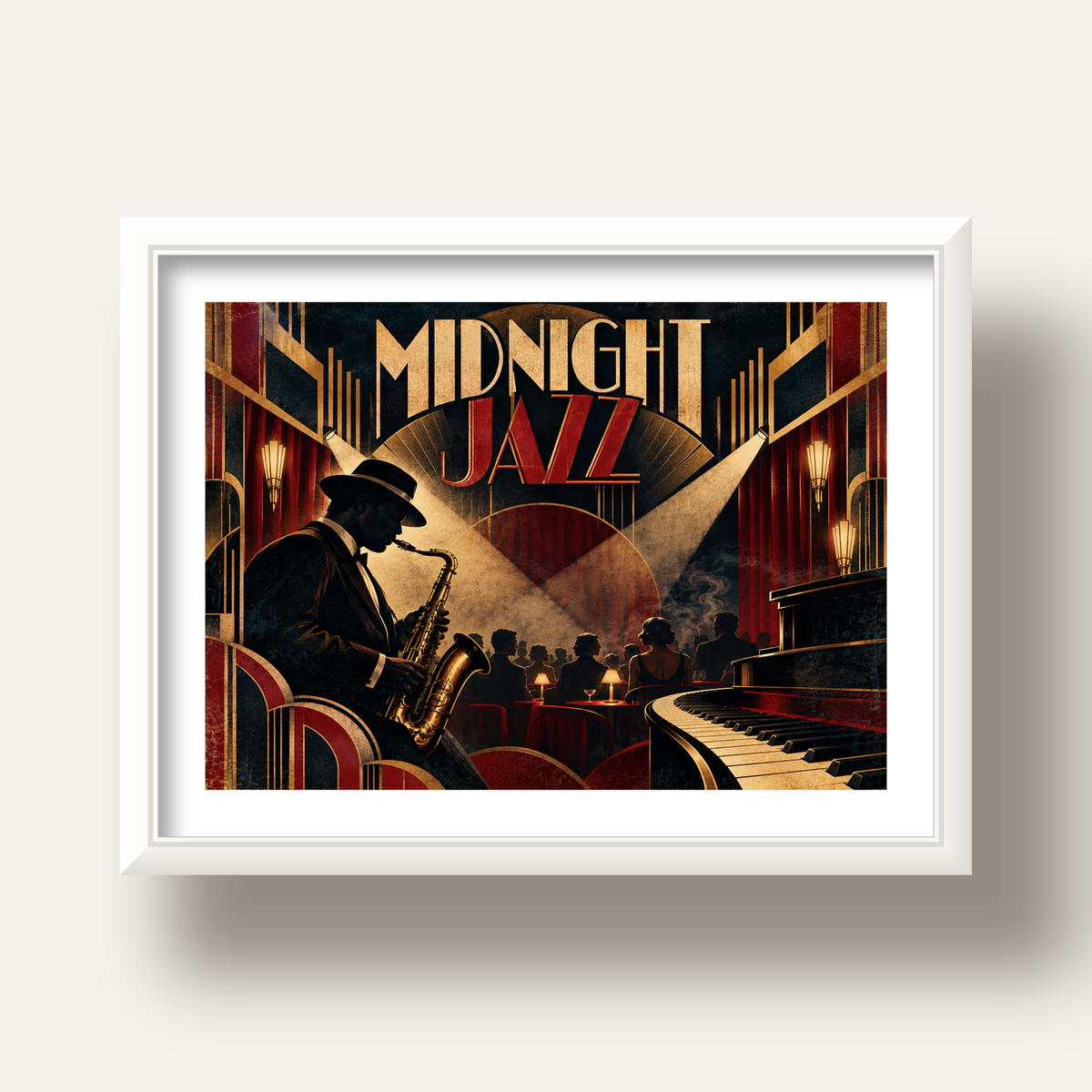 Midnight Jazz Art Deco Caz Kulübü Afişi — beyaz derin çerçeveli paspartulu