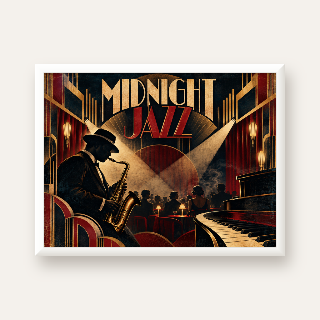 Midnight Jazz Art Deco Caz Kulübü Afişi — beyaz çerçeveli yatay poster