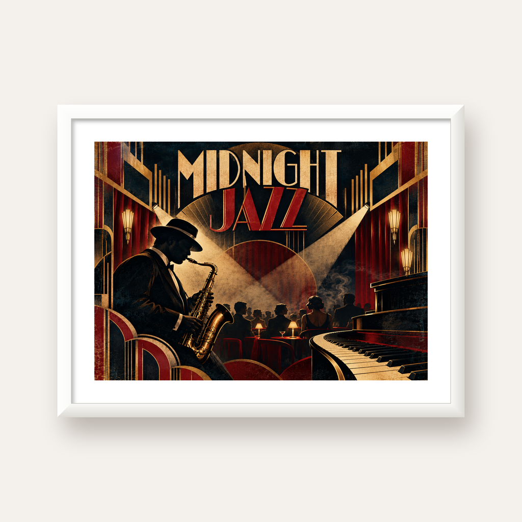 Midnight Jazz Art Deco Caz Kulübü Afişi — beyaz çerçeveli yatay poster