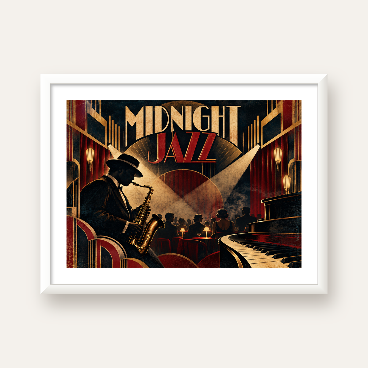 Midnight Jazz Art Deco Caz Kulübü Afişi — beyaz çerçeveli yatay poster
