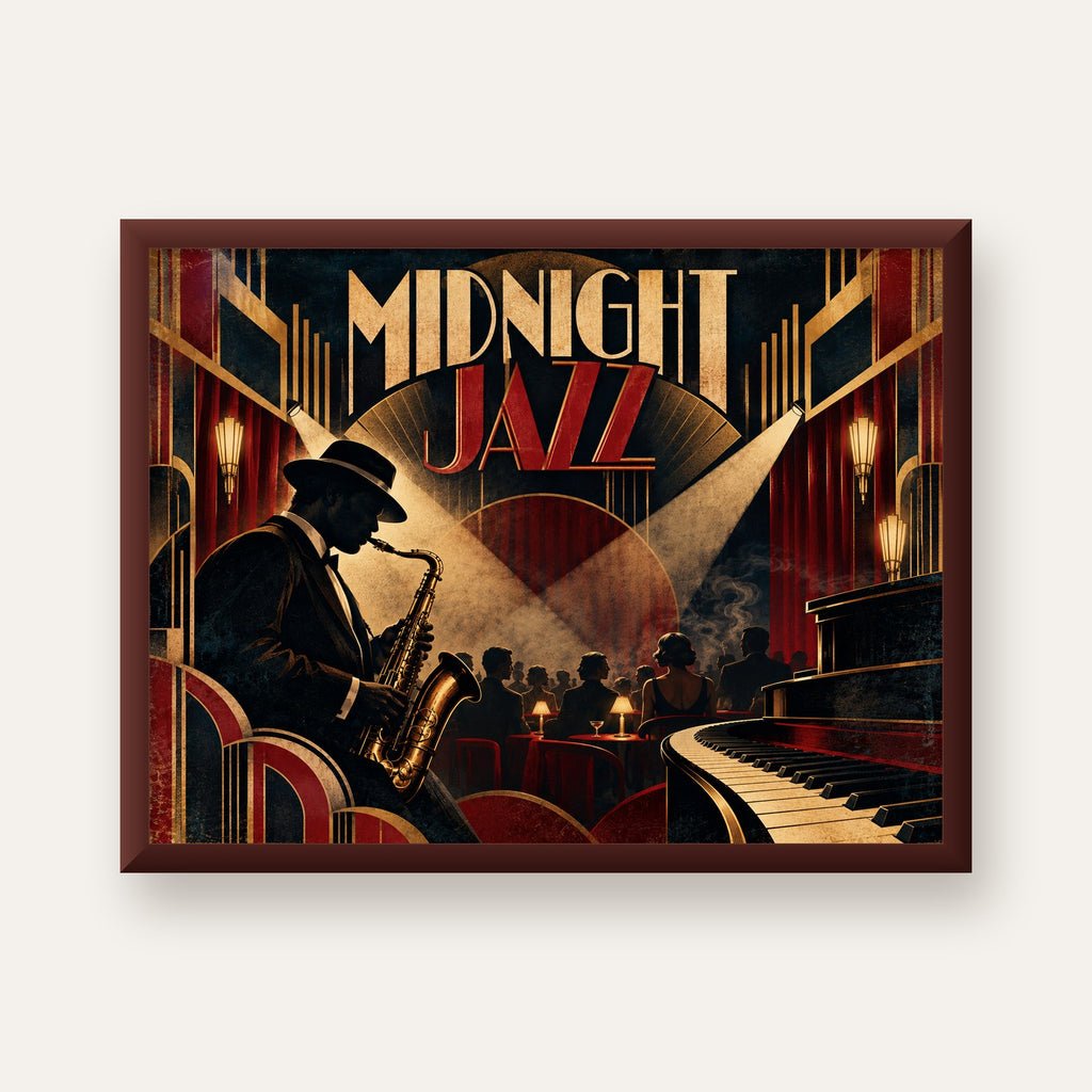 Midnight Jazz Art Deco Caz Kulübü Afişi — ceviz çerçeveli