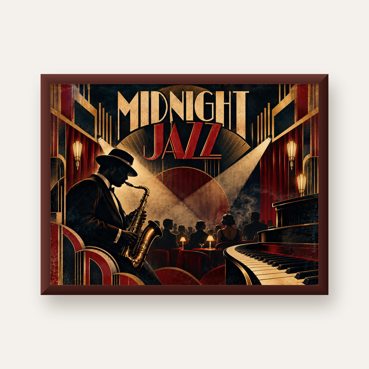 Midnight Jazz Art Deco Caz Kulübü Afişi — ceviz çerçeveli
