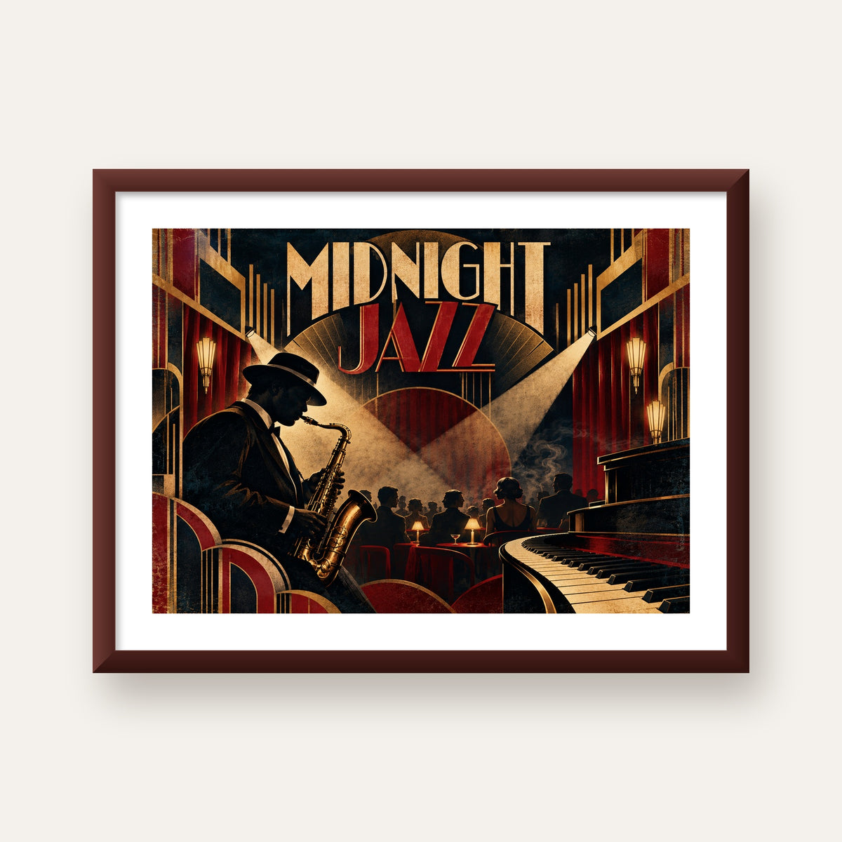 Midnight Jazz Art Deco Caz Kulübü Afişi — ceviz çerçeveli paspartulu