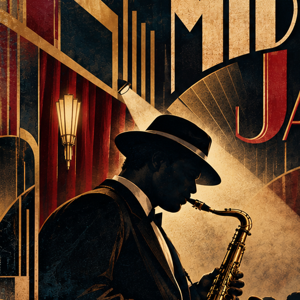 Art Deco Jazz Gecesi Poster – Caz Kulübü Retro Sanat Baskısı — baskının yakın çekimi, kâğıt dokusu ve renk detayı