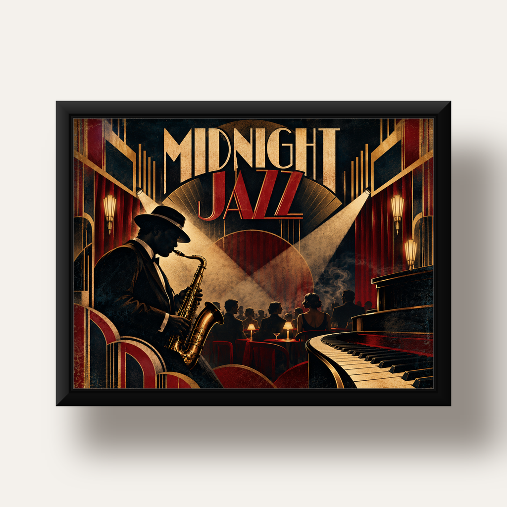 Midnight Jazz Art Deco Caz Kulübü Afişi — siyah derin çerçeveli