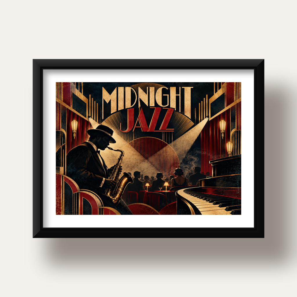 Midnight Jazz Art Deco Caz Kulübü Afişi — siyah derin çerçeveli paspartulu