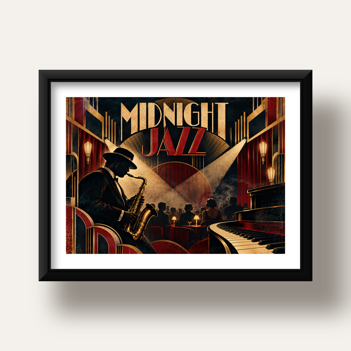 Midnight Jazz Art Deco Caz Kulübü Afişi — siyah derin çerçeveli paspartulu