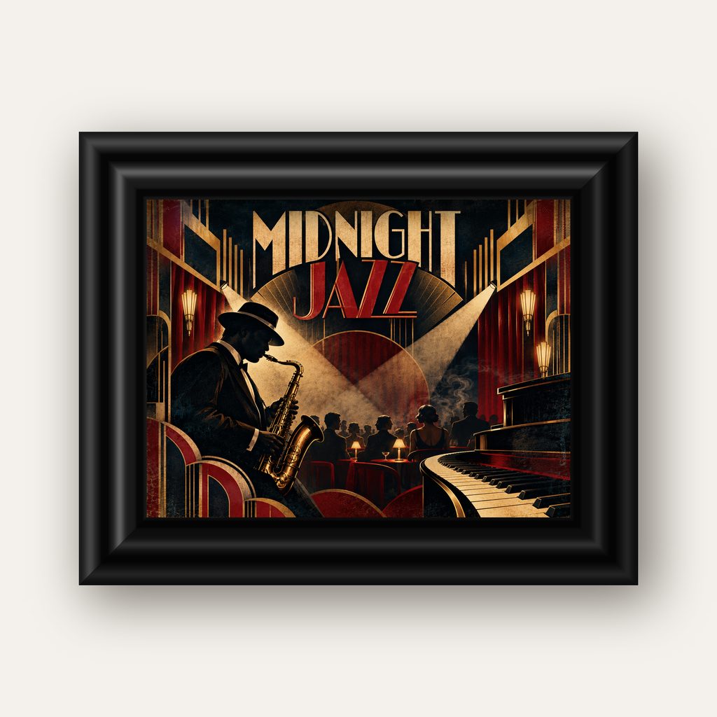 Midnight Jazz Art Deco Caz Kulübü Afişi — siyah galeri çerçeveli