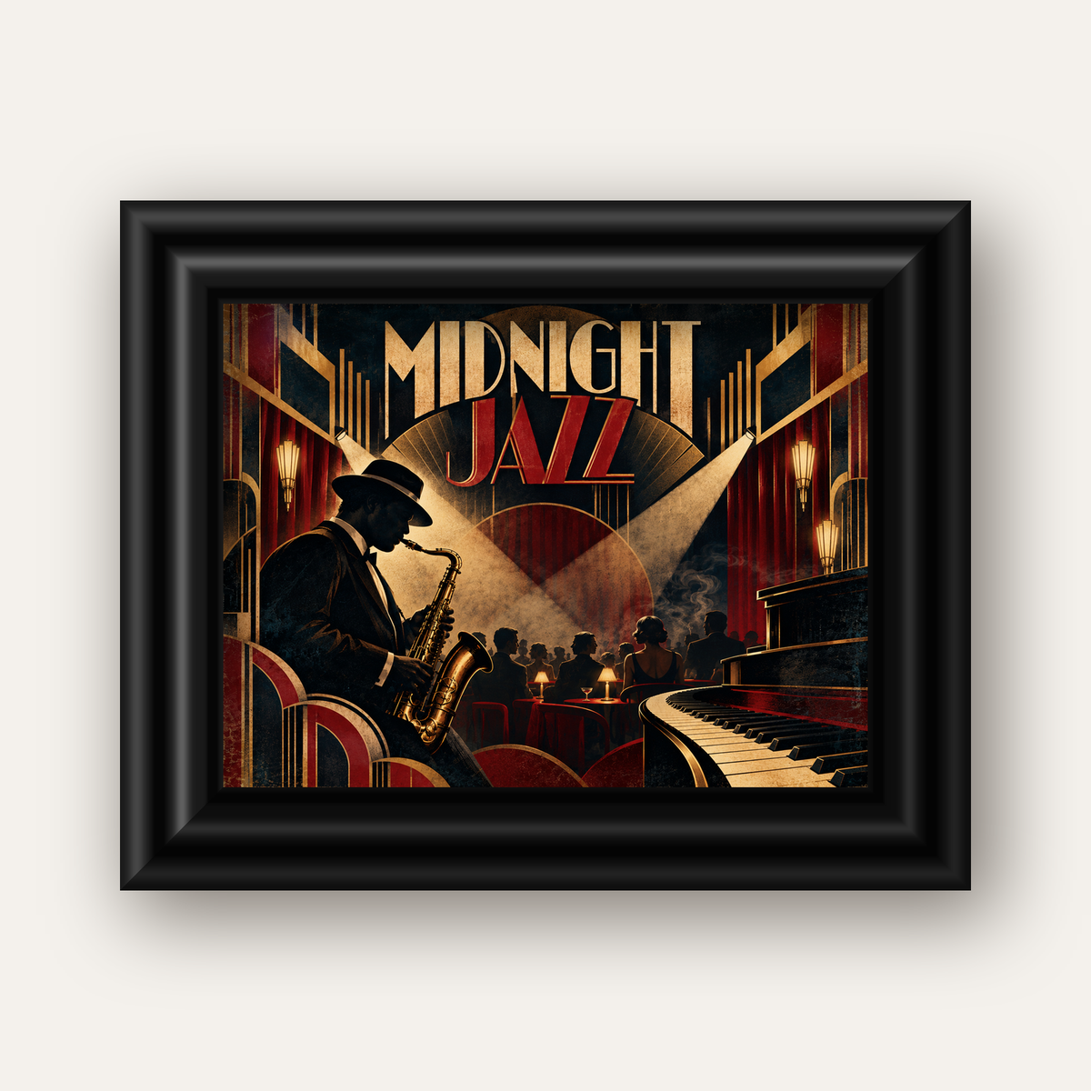Midnight Jazz Art Deco Caz Kulübü Afişi — siyah galeri çerçeveli