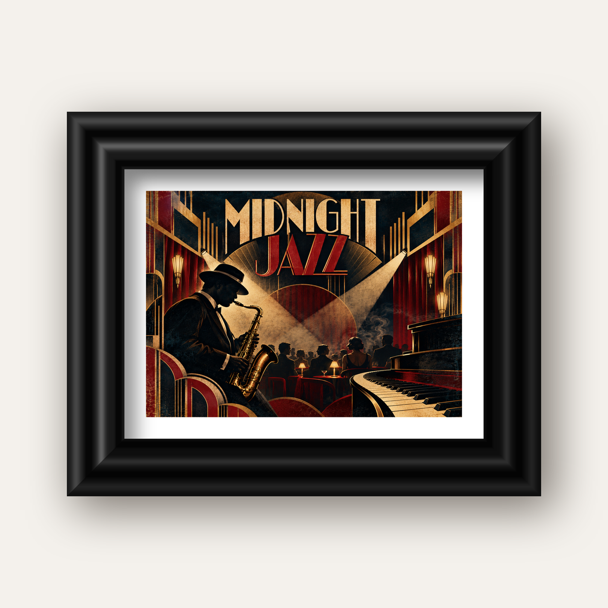 Midnight Jazz Art Deco Caz Kulübü Afişi — siyah galeri çerçeveli paspartulu