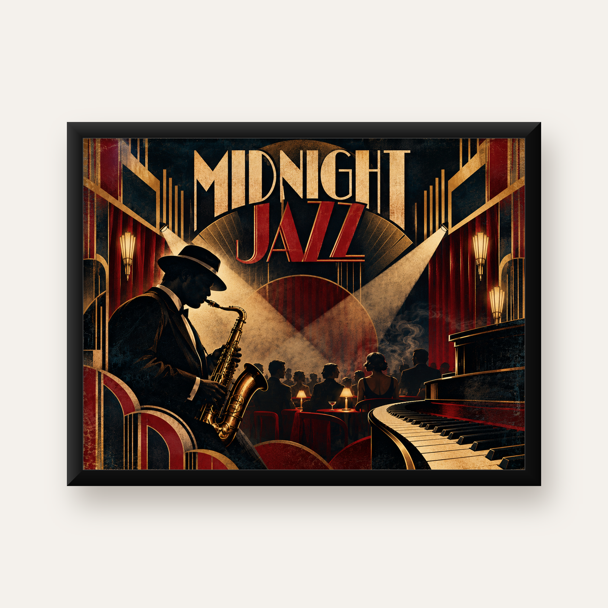 Art Deco Jazz Gecesi Poster – Caz Kulübü Retro Sanat Baskısı — Yatay baskı, düz siyah çerçeveli duvar posteri