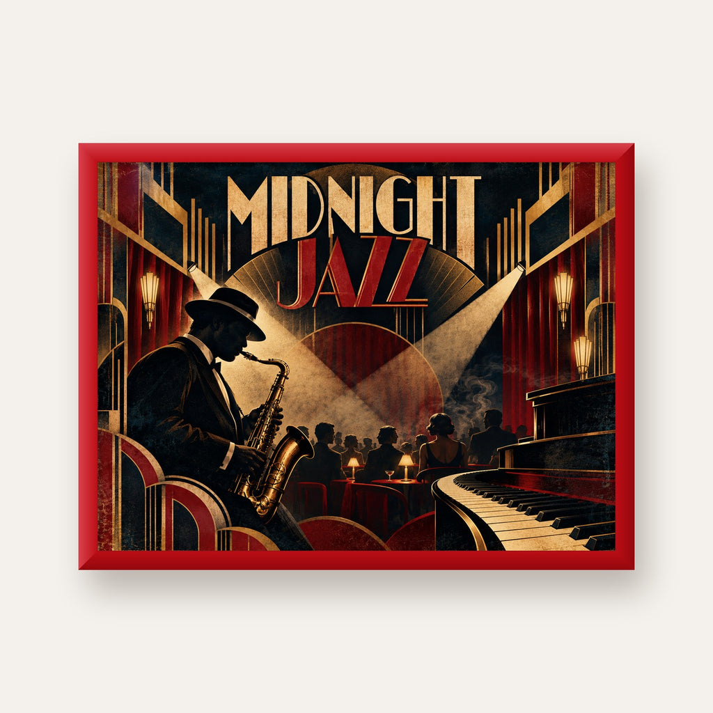 Midnight Jazz Art Deco Caz Kulübü Afişi — kırmızı çerçeveli