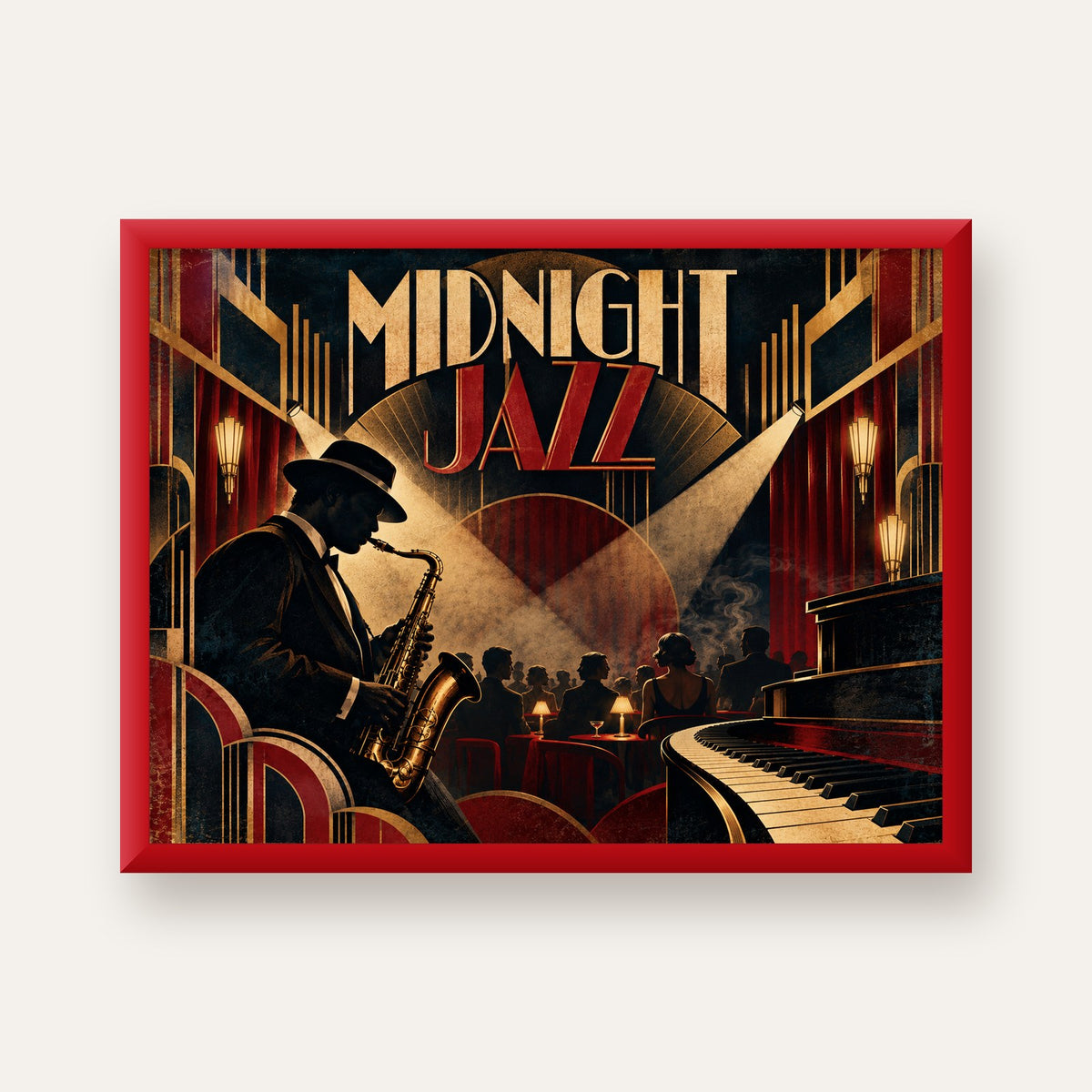 Midnight Jazz Art Deco Caz Kulübü Afişi — kırmızı çerçeveli