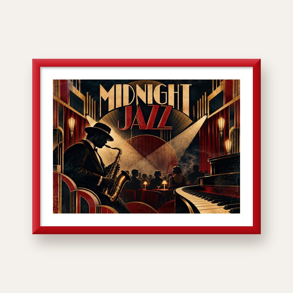 Midnight Jazz Art Deco Caz Kulübü Afişi — kırmızı çerçeveli paspartulu