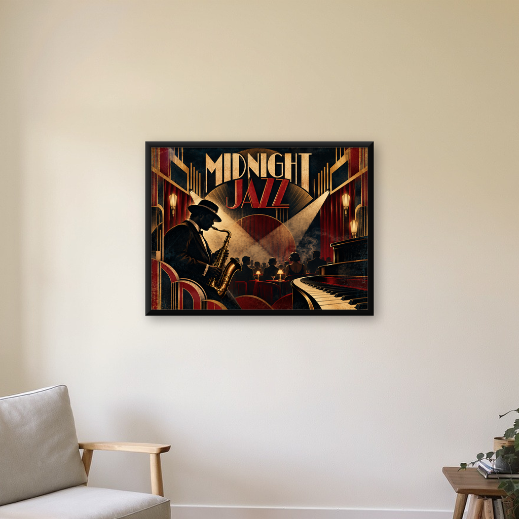 Art Deco Jazz Gecesi Poster – Caz Kulübü Retro Sanat Baskısı — Yatay baskı, çerçeveli hâliyle bir ev duvarında