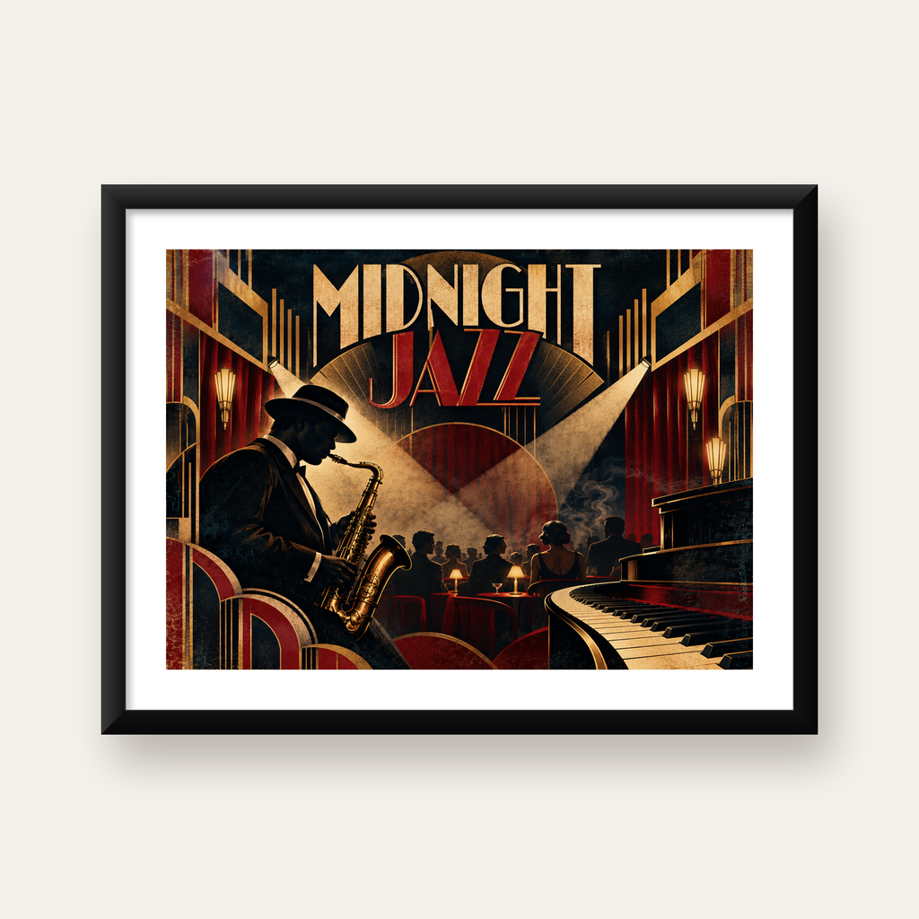 Art Deco Jazz Gecesi Poster – Caz Kulübü Retro Sanat Baskısı — Yatay baskı, beyaz kenar boşluklu