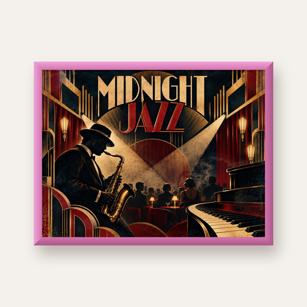 Midnight Jazz Art Deco Caz Kulübü Afişi — pembe çerçeveli