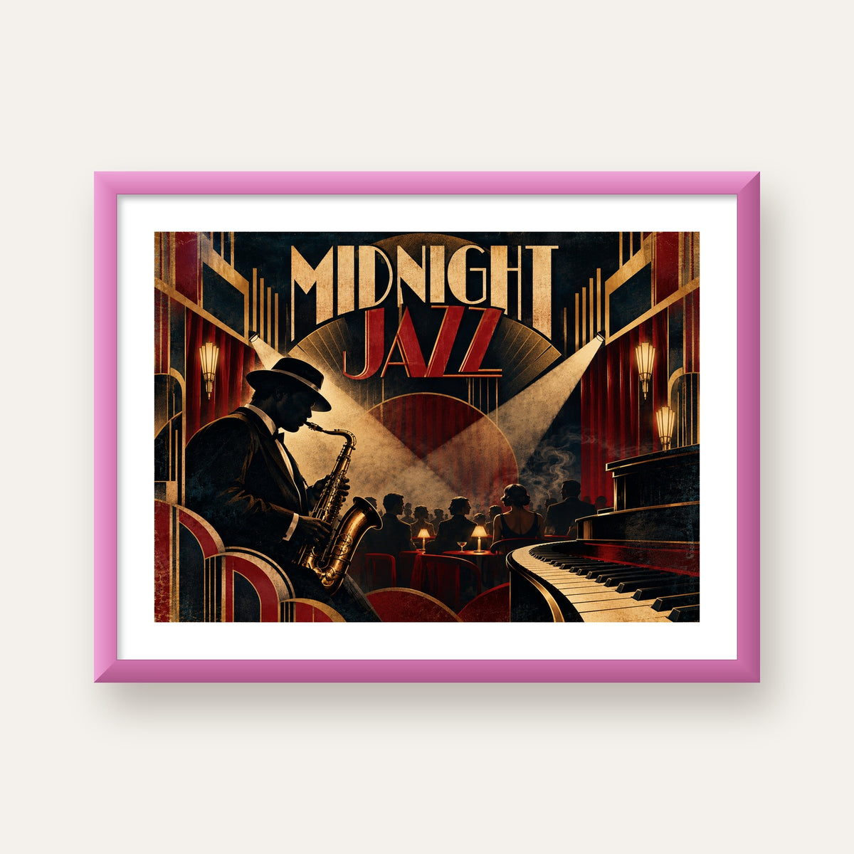 Midnight Jazz Art Deco Caz Kulübü Afişi — pembe çerçeveli paspartulu