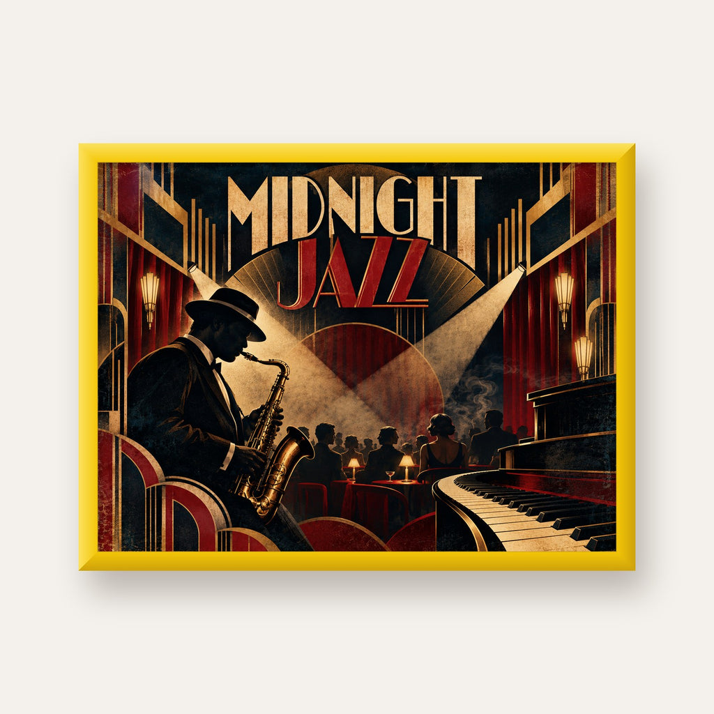 Midnight Jazz Art Deco Caz Kulübü Afişi — sarı çerçeveli