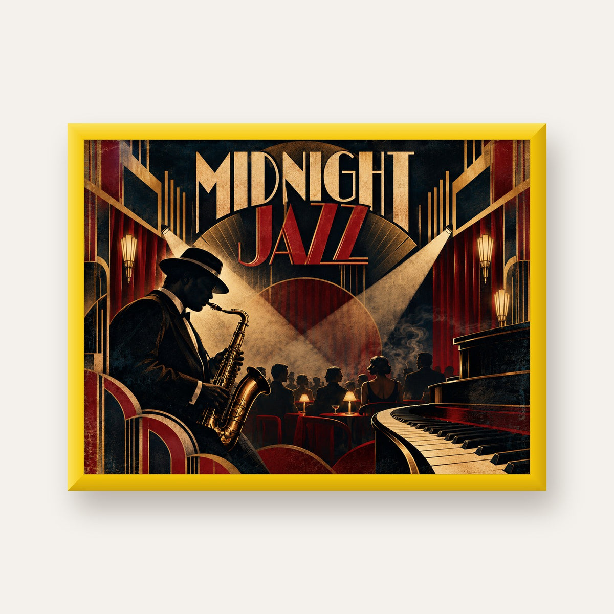 Midnight Jazz Art Deco Caz Kulübü Afişi — sarı çerçeveli