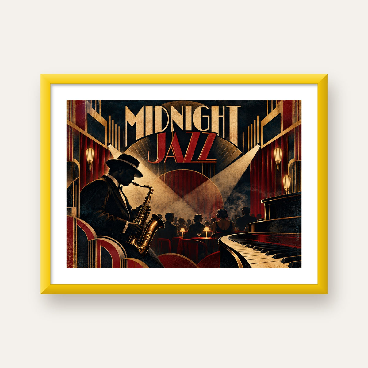 Midnight Jazz Art Deco Caz Kulübü Afişi — sarı çerçeveli paspartulu