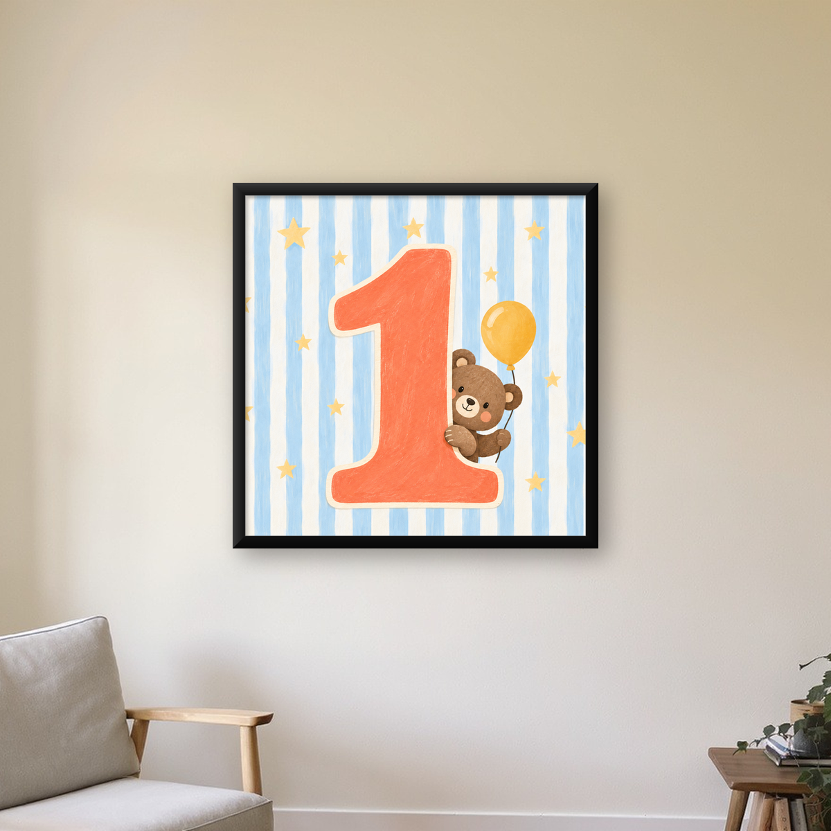 Birinci Yaş Kutlaması Ayıcık ve Balon Poster – Çocuk Odası Dekoru — Kare baskı, çerçeveli hâliyle bir ev duvarında