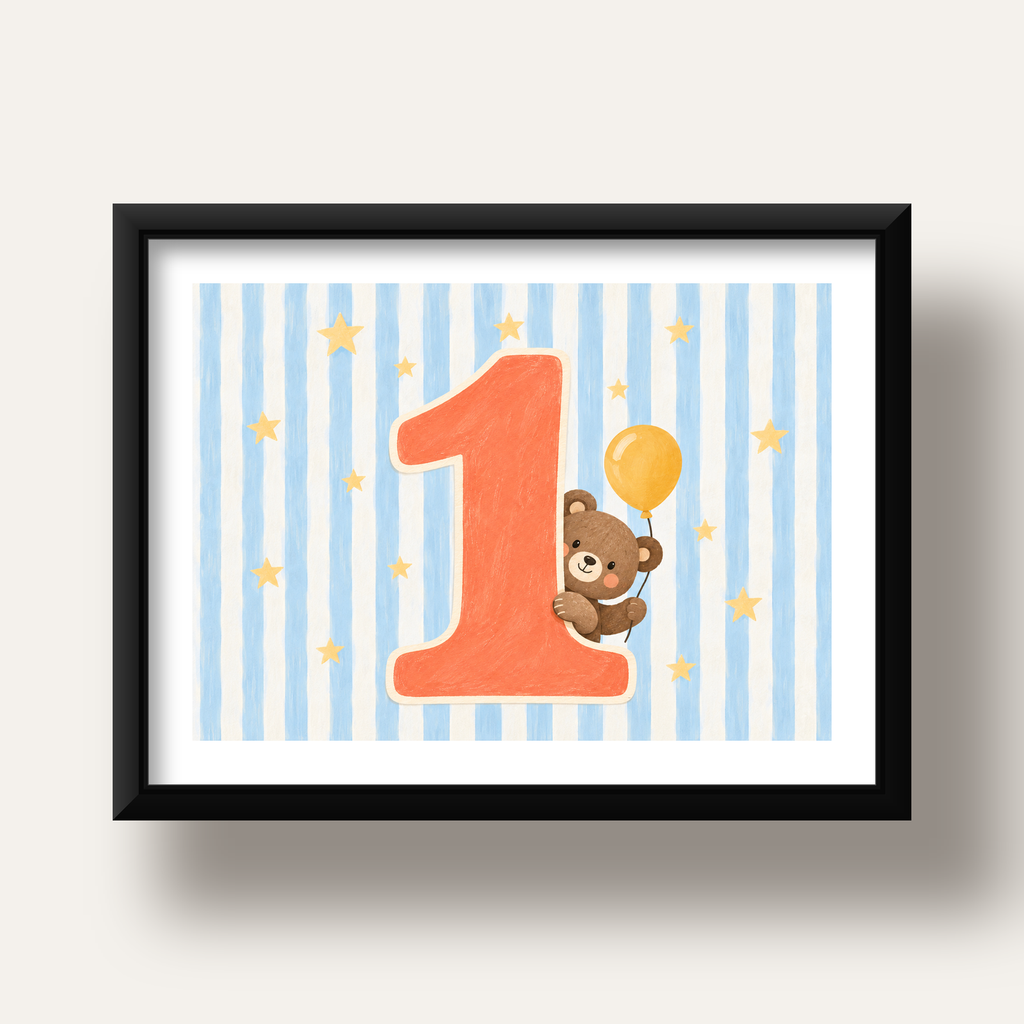 Birinci Yaş Kutlaması Ayıcık ve Balon Poster – Çocuk Odası Dekoru — siyah derin çerçeveli paspartulu