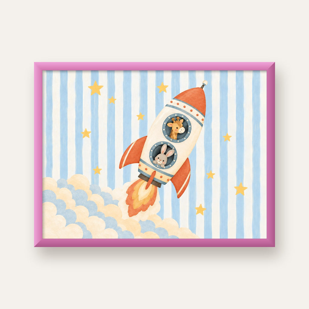 Çizgili Arka Planlı Roketli Sevimli Hayvanlar Poster — pembe çerçeveli