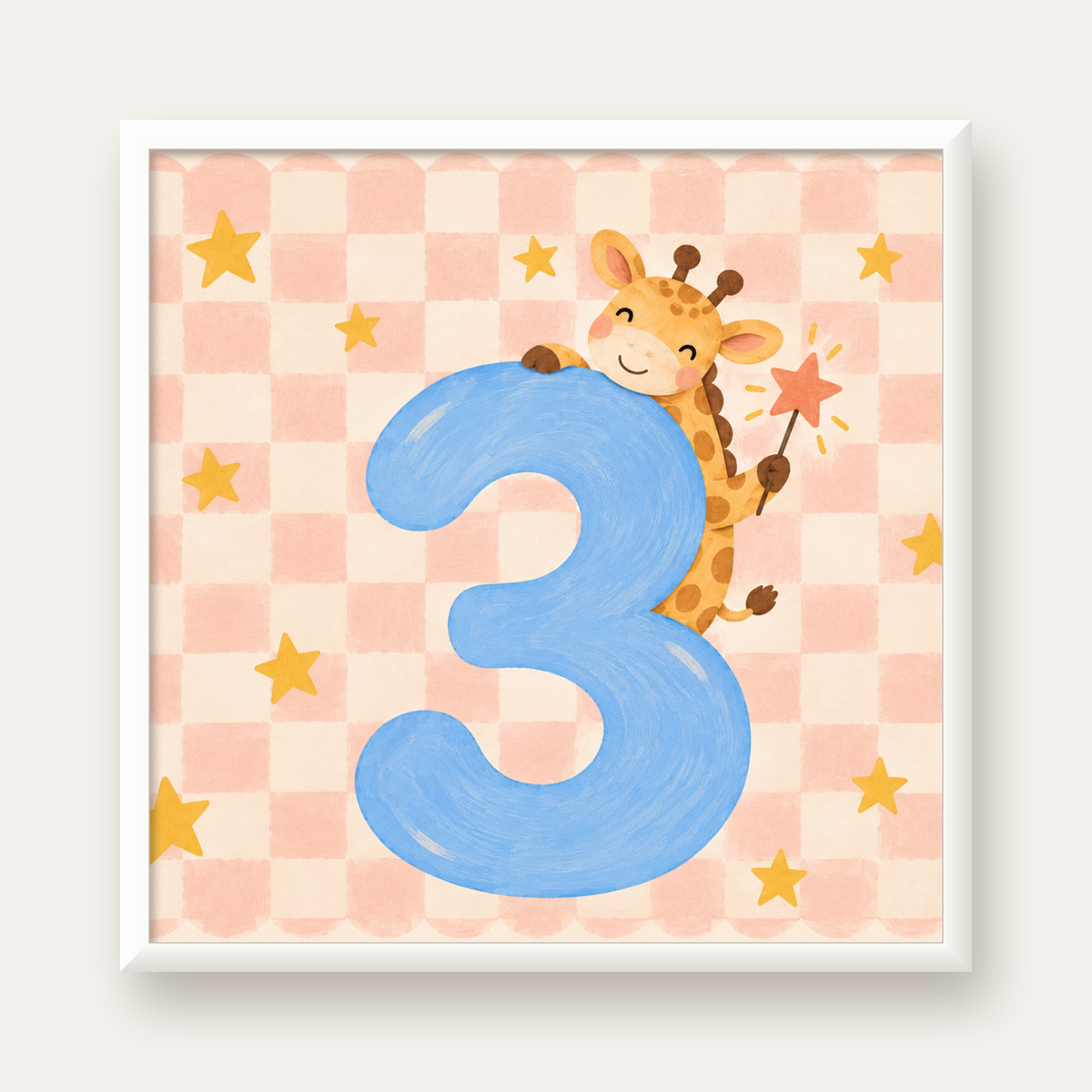 Zürafa ve Üç Sayısı Çocuk Odası Poster – Sevimli İllüstrasyon — beyaz çerçeveli kare poster