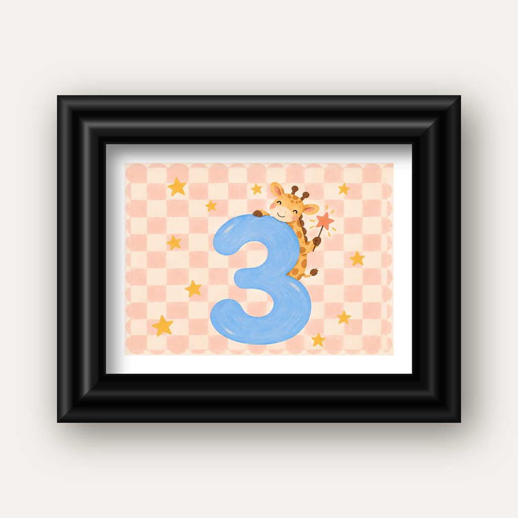 Zürafa ve Üç Sayısı Çocuk Odası Poster – Sevimli İllüstrasyon — siyah galeri çerçeveli paspartulu