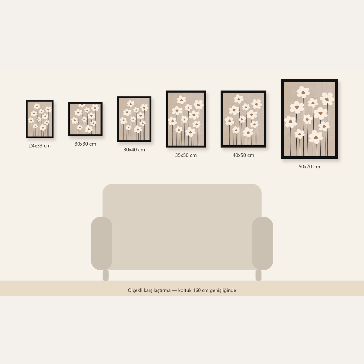 Minimalist Beyaz Çiçekler Modern Poster Duvar Dekoru — 24×33 cm'den 50×70 cm'e, altı ölçünün karşılaştırması