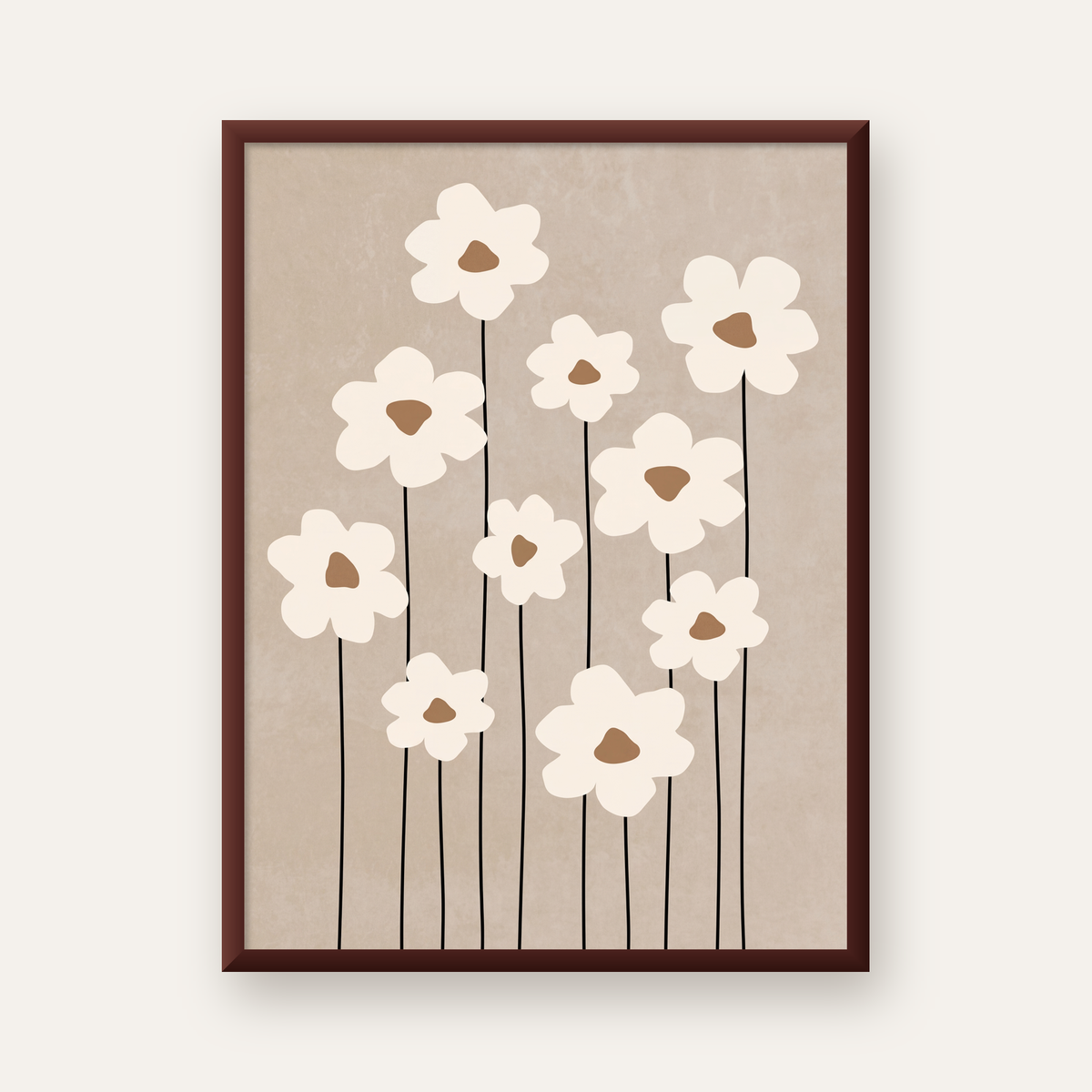 Minimalist Beyaz Çiçekler Modern Poster Duvar Dekoru — ceviz çerçeveli