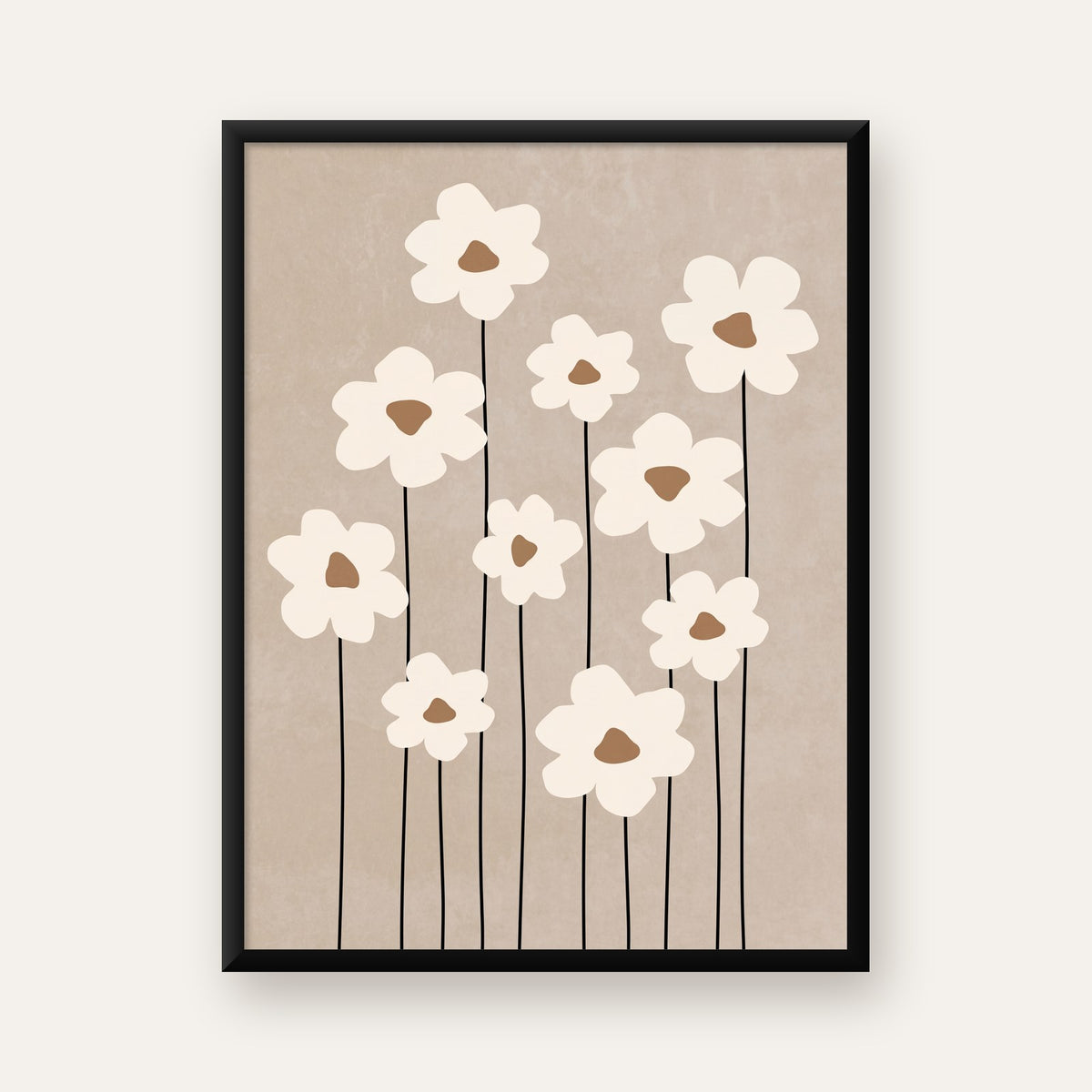 Minimalist Beyaz Çiçekler Modern Poster Duvar Dekoru — ceviz çerçeveli