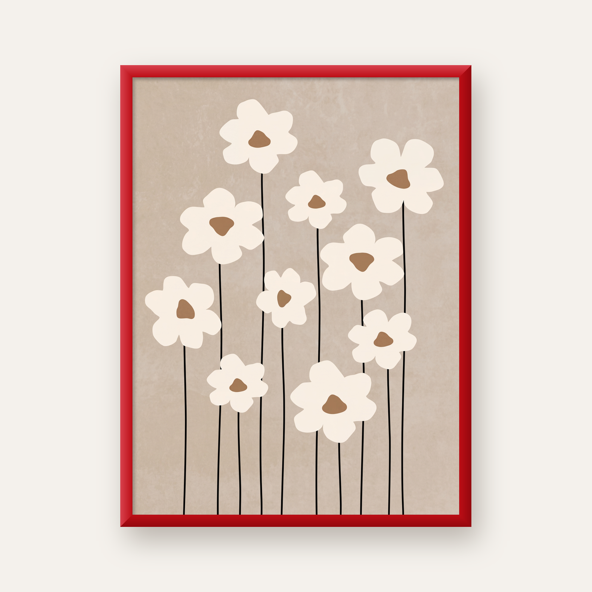 Minimalist Beyaz Çiçekler Modern Poster Duvar Dekoru — kırmızı çerçeveli