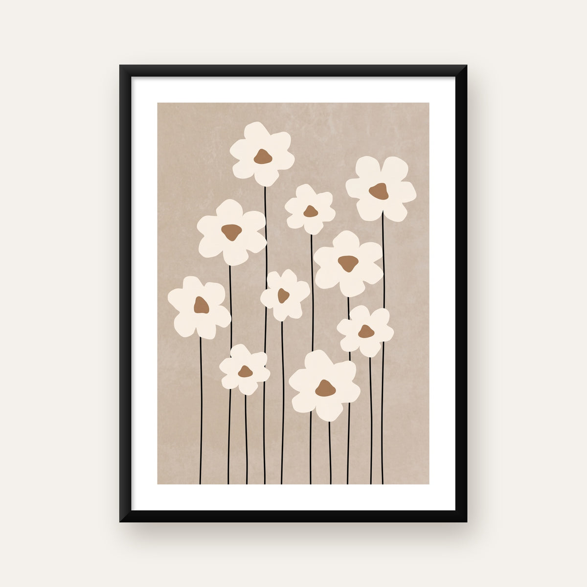 Minimalist Beyaz Çiçekler Modern Poster Duvar Dekoru — beyaz paspartulu, düz siyah çerçeveli