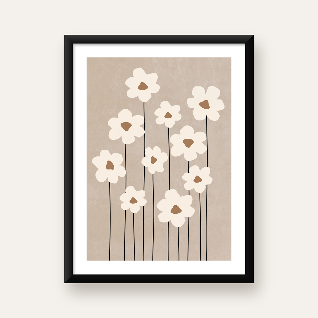 Minimalist Beyaz Çiçekler Modern Poster Duvar Dekoru — beyaz paspartulu, düz siyah çerçeveli