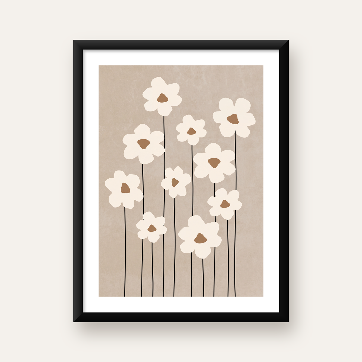Minimalist Beyaz Çiçekler Modern Poster Duvar Dekoru — beyaz paspartulu, düz siyah çerçeveli