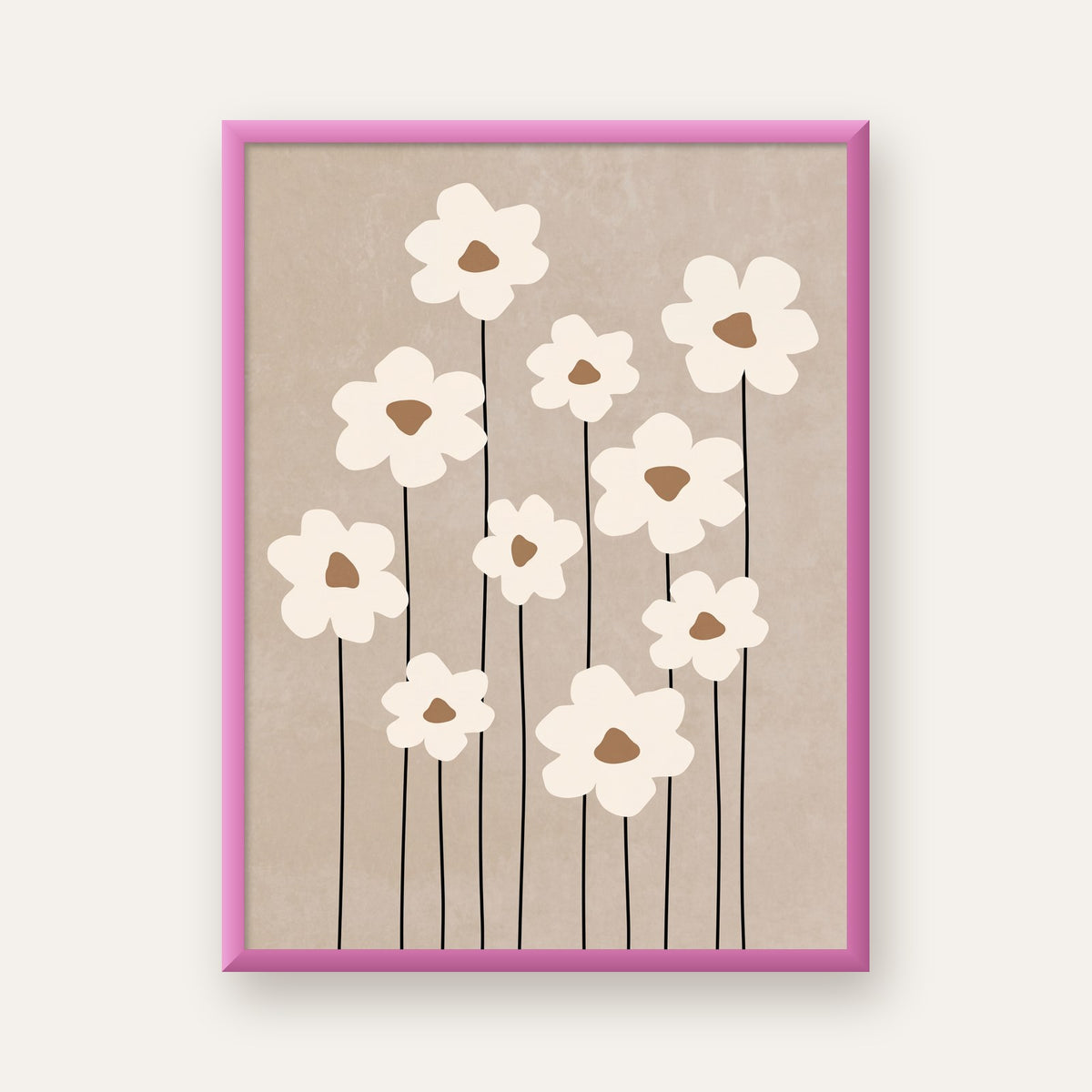 Minimalist Beyaz Çiçekler Modern Poster Duvar Dekoru — pembe çerçeveli