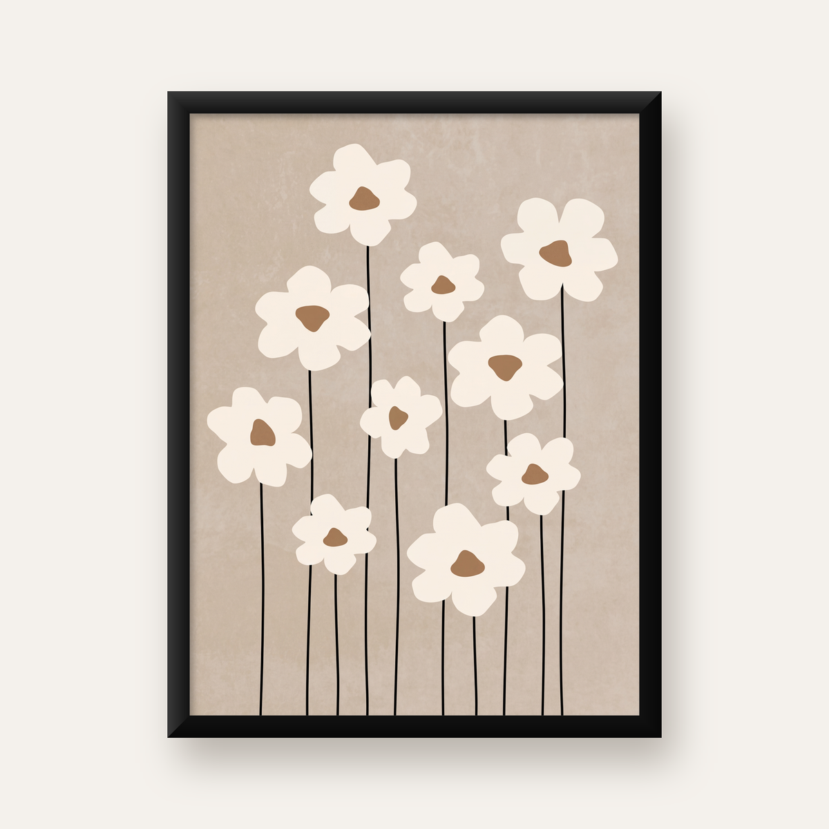 Minimalist Beyaz Çiçekler Modern Poster Duvar Dekoru — düz siyah çerçeveli duvar posteri