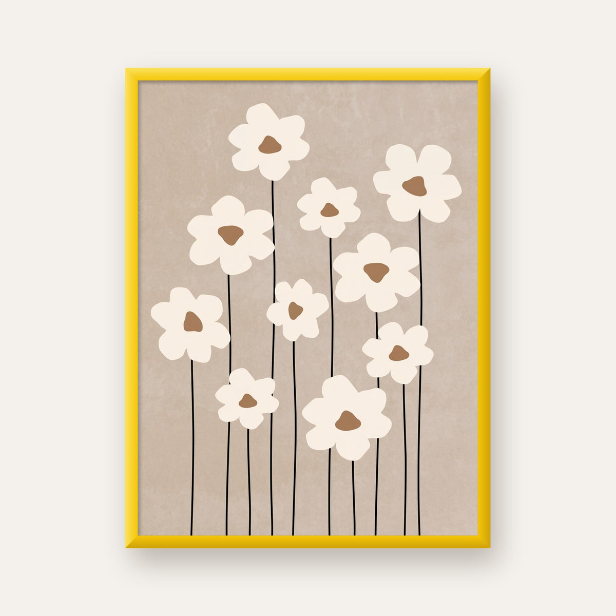 Minimalist Beyaz Çiçekler Modern Poster Duvar Dekoru — sarı çerçeveli