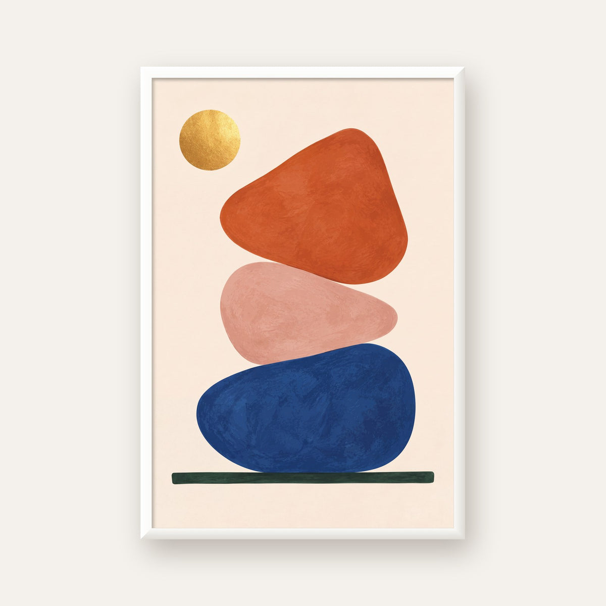 Minimalist Geometrik Taş ve Güneş Modern Poster Baskı — beyaz çerçeveli dikey poster