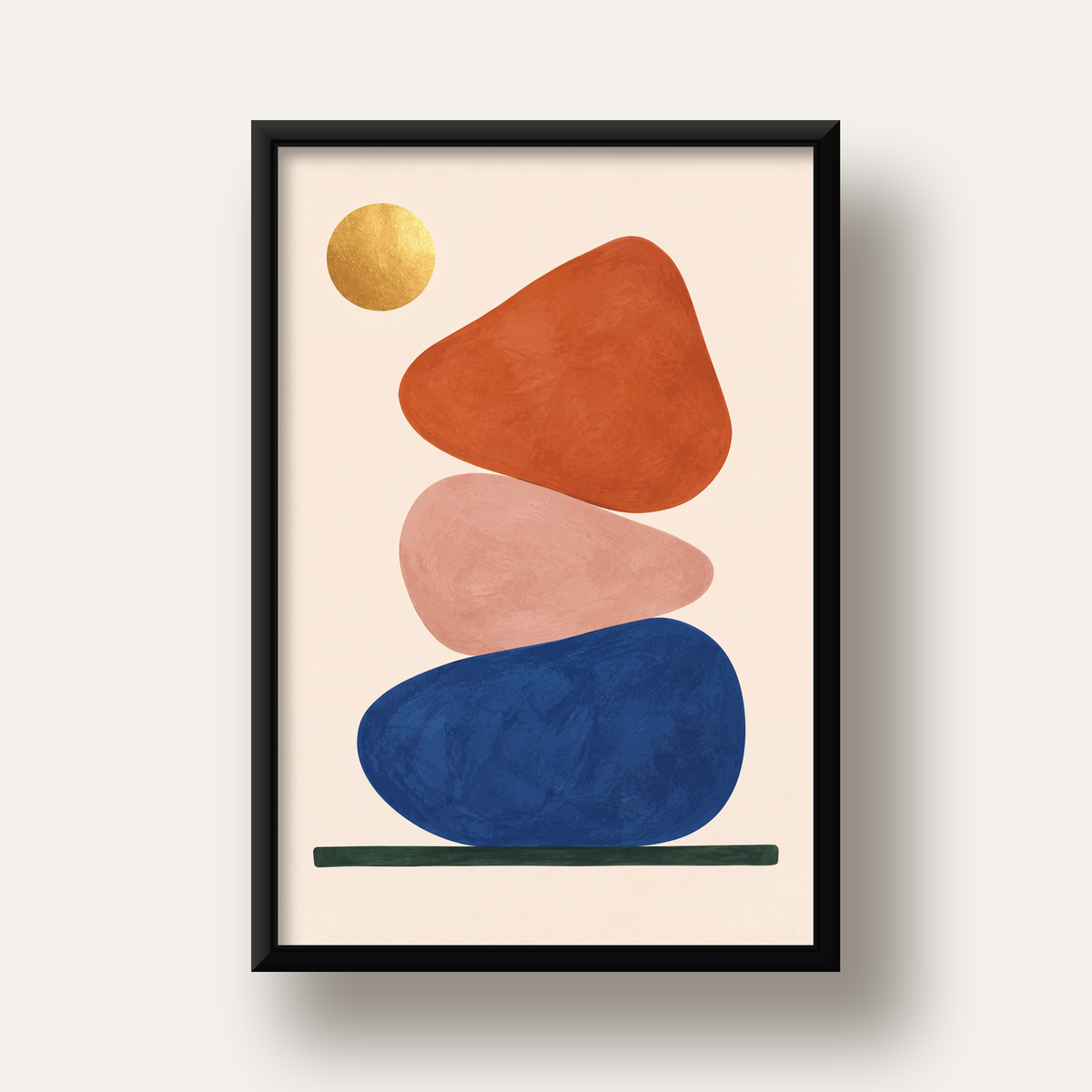 Minimalist Geometrik Taş ve Güneş Modern Poster Baskı — siyah derin çerçeveli