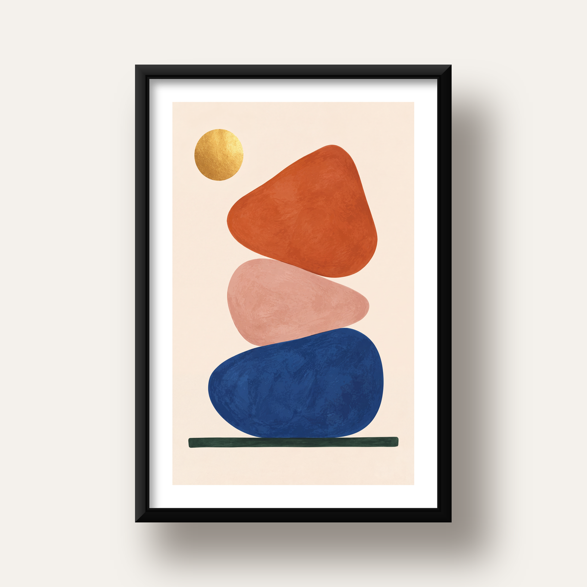 Minimalist Geometrik Taş ve Güneş Modern Poster Baskı — siyah derin çerçeveli paspartulu